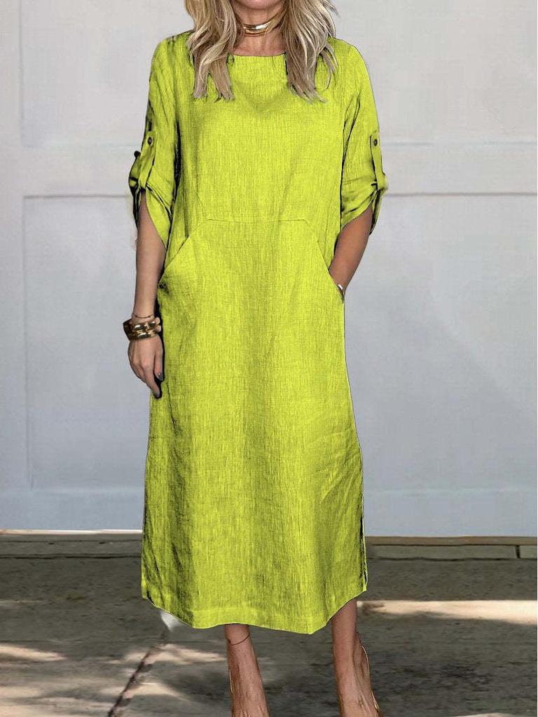 Spring/Summer Women's Solid Color Cotton-Linen Dress with Pockets