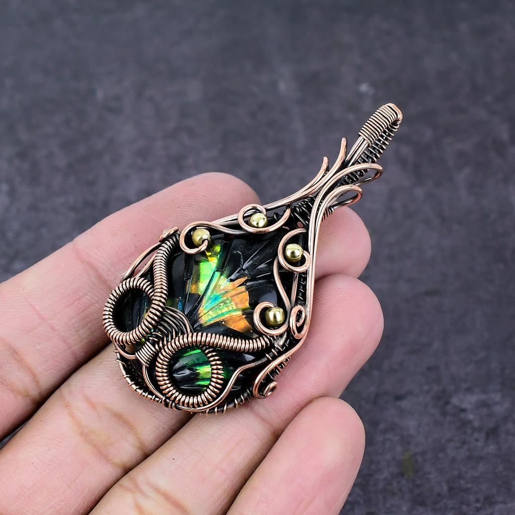 Carved Ammolite Gemstone Handmade Copper Wire Wrap Jewelry Pendant 2.6" Y3h43