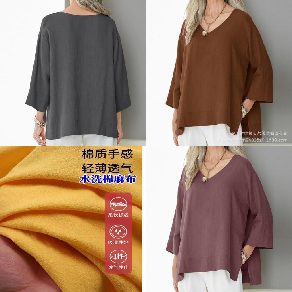 Vintage Art Style Cotton Linen Shirt With V Neck And Side Slits For Casual Wear
