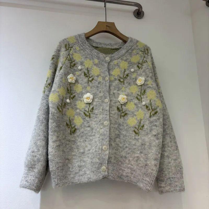 

Женский кардиган с 3D цветочным декором, нежный стиль, женский свитер с круглым вырезом, однотонный, осенний, свободного кроя, универсальный, женское однобортное пальто Onesize