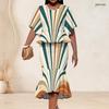Women Plus Size Round Neck Batwing Sleeve Printed Ruffle Hem Top Fishtail Skirt Two Piece Set