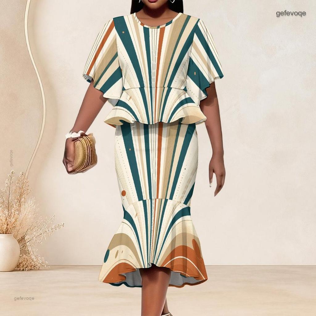 Women Plus Size Round Neck Batwing Sleeve Printed Ruffle Hem Top Fishtail Skirt Two Piece Set