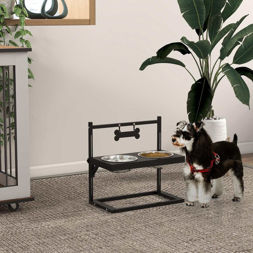 Raised Dog Bowl Stand with Adjustable Height, 2 x 900ml Stainless Steel Bowls, Black