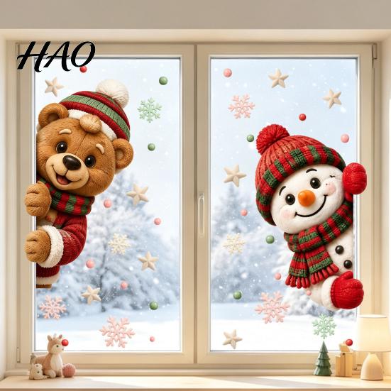 Removable Vinyl Decals 2Pcs Christmas Window Clings, Cute Bear Snowman Static Decals, 16" x 12" Festive Stickers for Glass Doors Home Shop Decoration