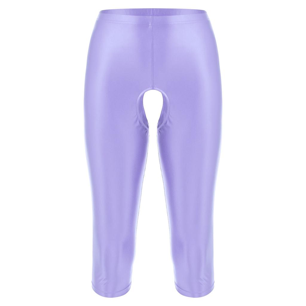 Mens Glossy Open Crotch Shorts Stretchy Elastic Waistband Slim-Fit Leggings Smooth Fabric for Gym Club Outfits