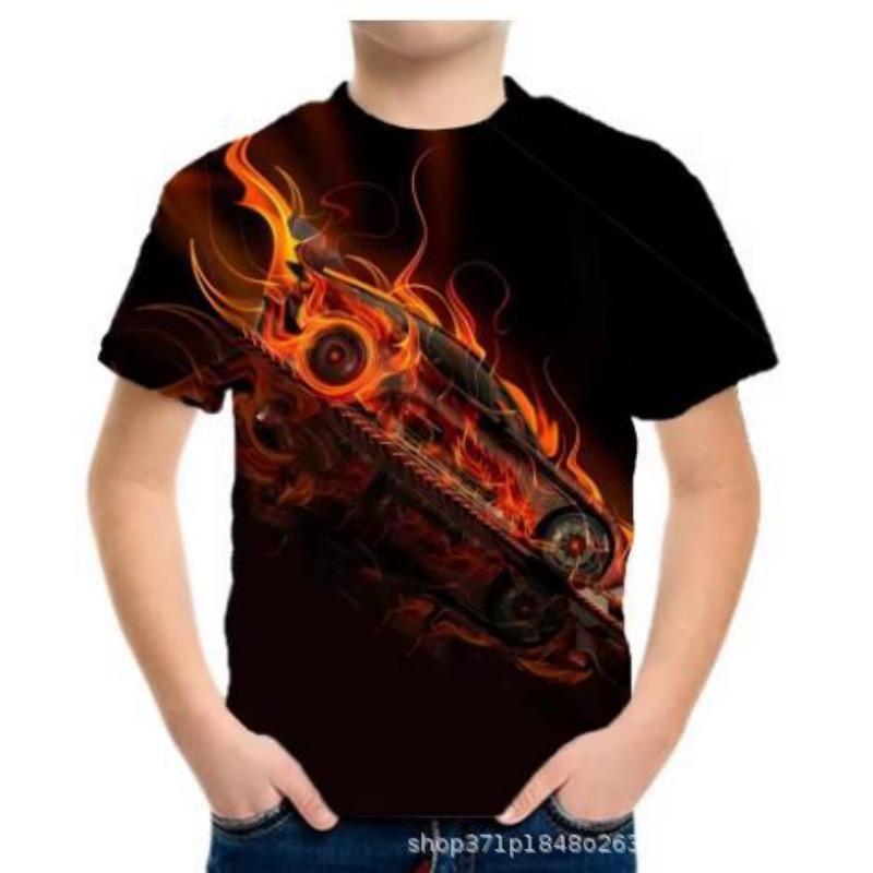 Summer Round Neck 3D Racing Series Printed Top Fashionable Casual Short Sleeved Children's Boy T-shirts