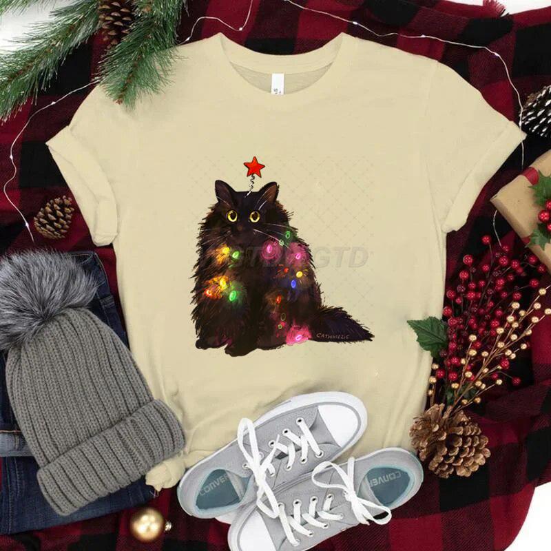 Women Tshirts Christmas Lights Cat Kawaii Cartoon Tops Tees Cute Animal Lover Funny T Shirts Girl Black Cat Fashion Casual Tops