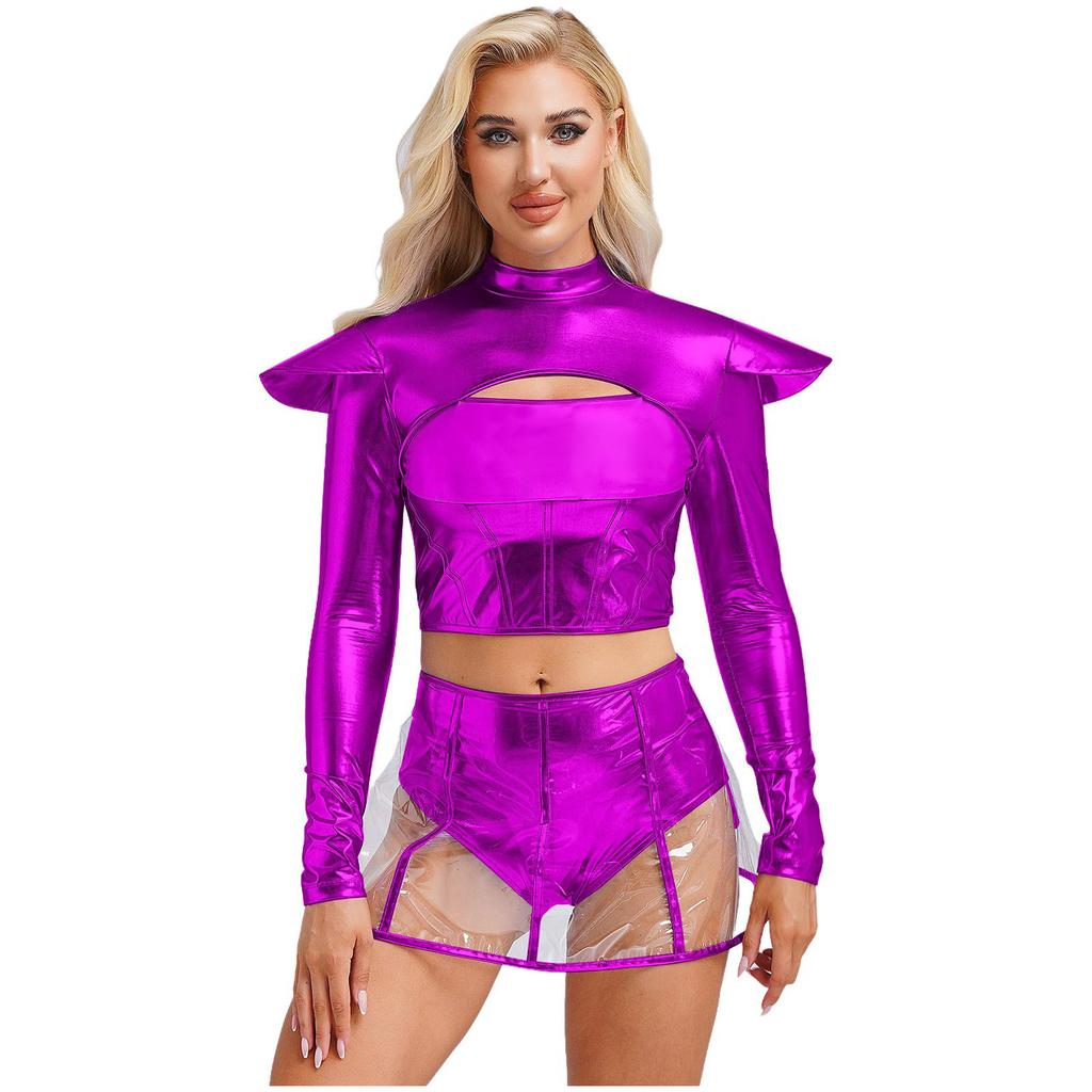 Womens Alien Costume Long Sleeve Hollow Out Cropper Top Transparent Skirt Space Themed Club Wear Outfit