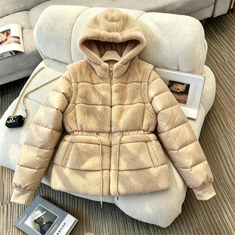 Splicing hooded cotton clothes women's autumn and winter thickened plush vest jacket zipper removable sleeves cotton coat vest