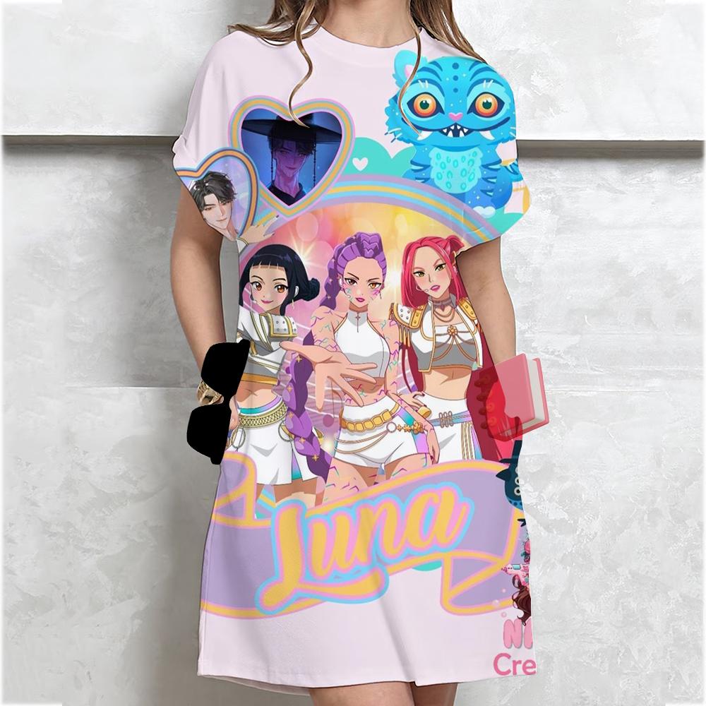 Kpop Lovec Démonů Huntrix Šaty Pro Ženy Módní Dámské Ležérní Šaty S Květinovým Potiskem Elegantní Výstřih Do V Volné A-Liniové Boho Plážové Šaty