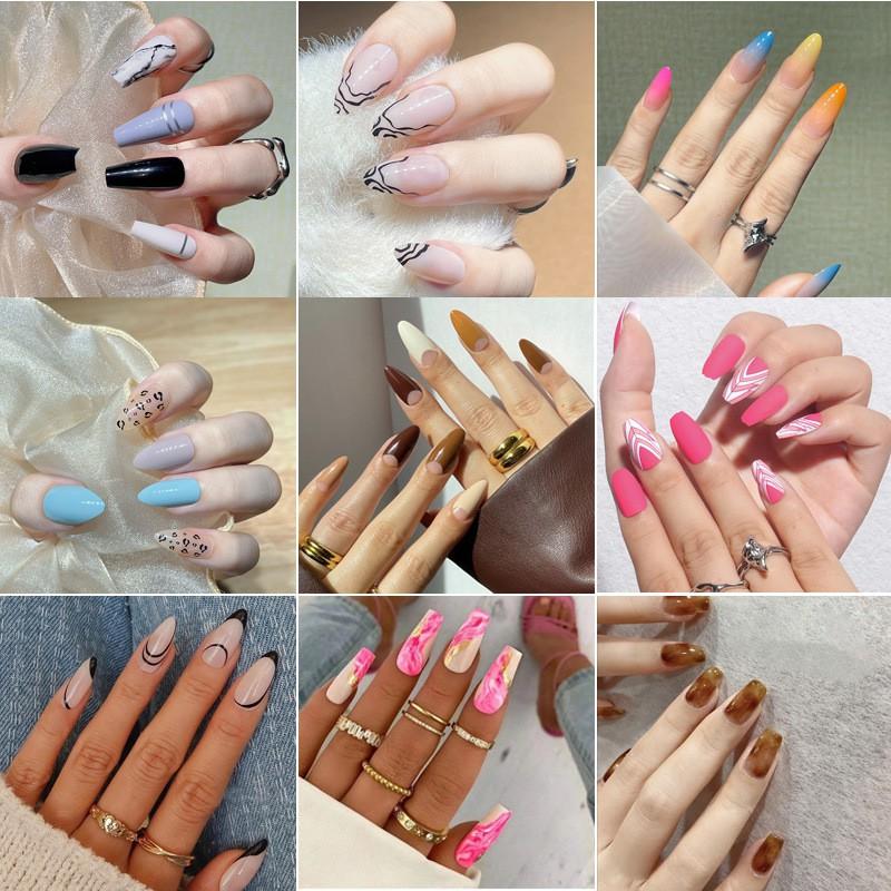 Short Press-On Nails Set Ins Style Fake Full Cover Acrylic Nail Tips Women Daily Wear