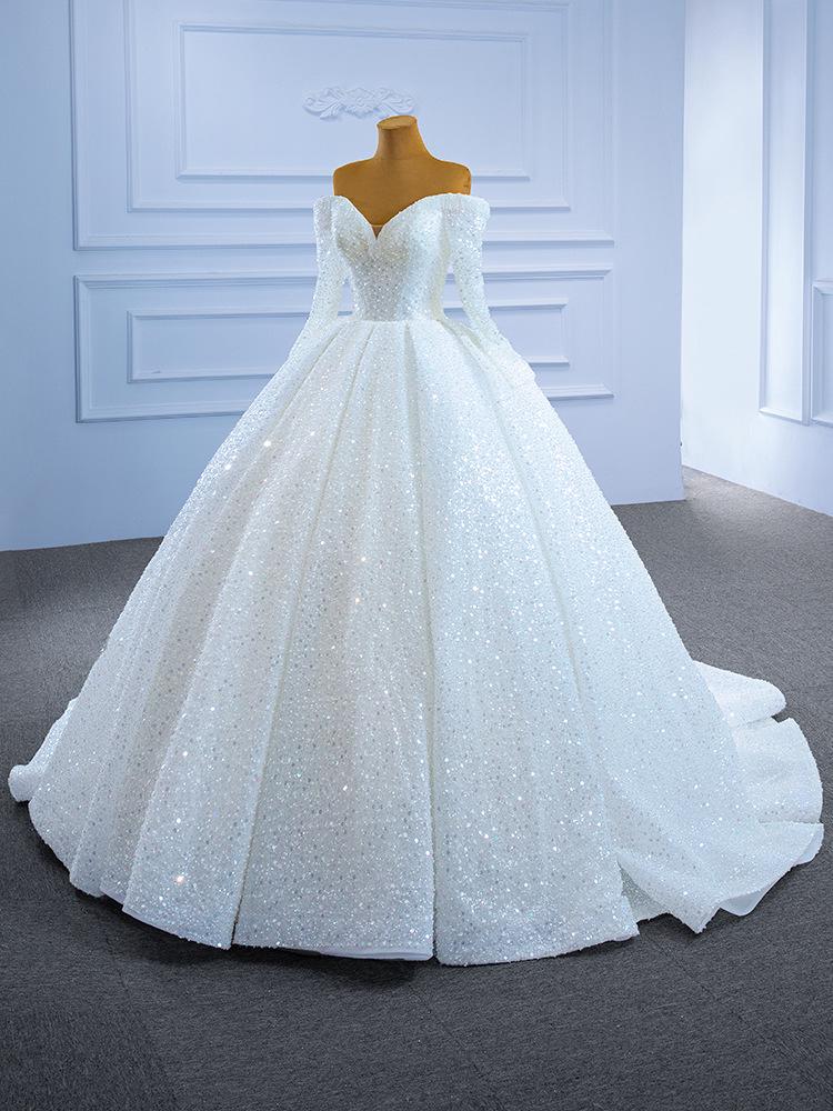 2026 French Wedding Dress: Retro One-Shoulder Long Sleeve with Heavy Beading and Long Train.