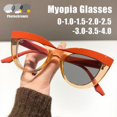 Fashion Photochromic Myopia Glasses Colour Block Cat's Eye Large Frame Anti-blue Light Minus Diopter Eyewear