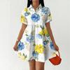 Women Casual Loose Fit Button Front Shirt Dress Hawaiian Print Short Sleeve Collared Summer Dress