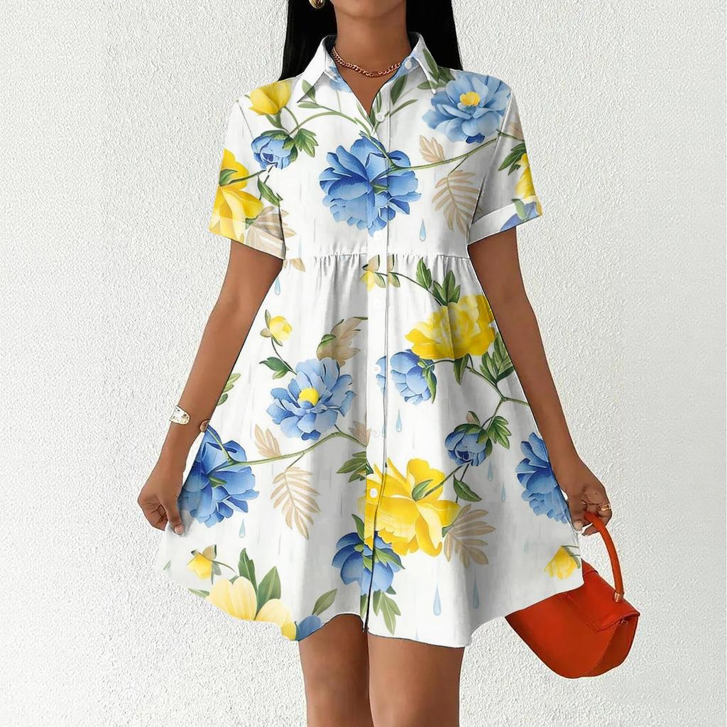 Women Casual Loose Fit Button Front Shirt Dress Hawaiian Print Short Sleeve Collared Summer Dress