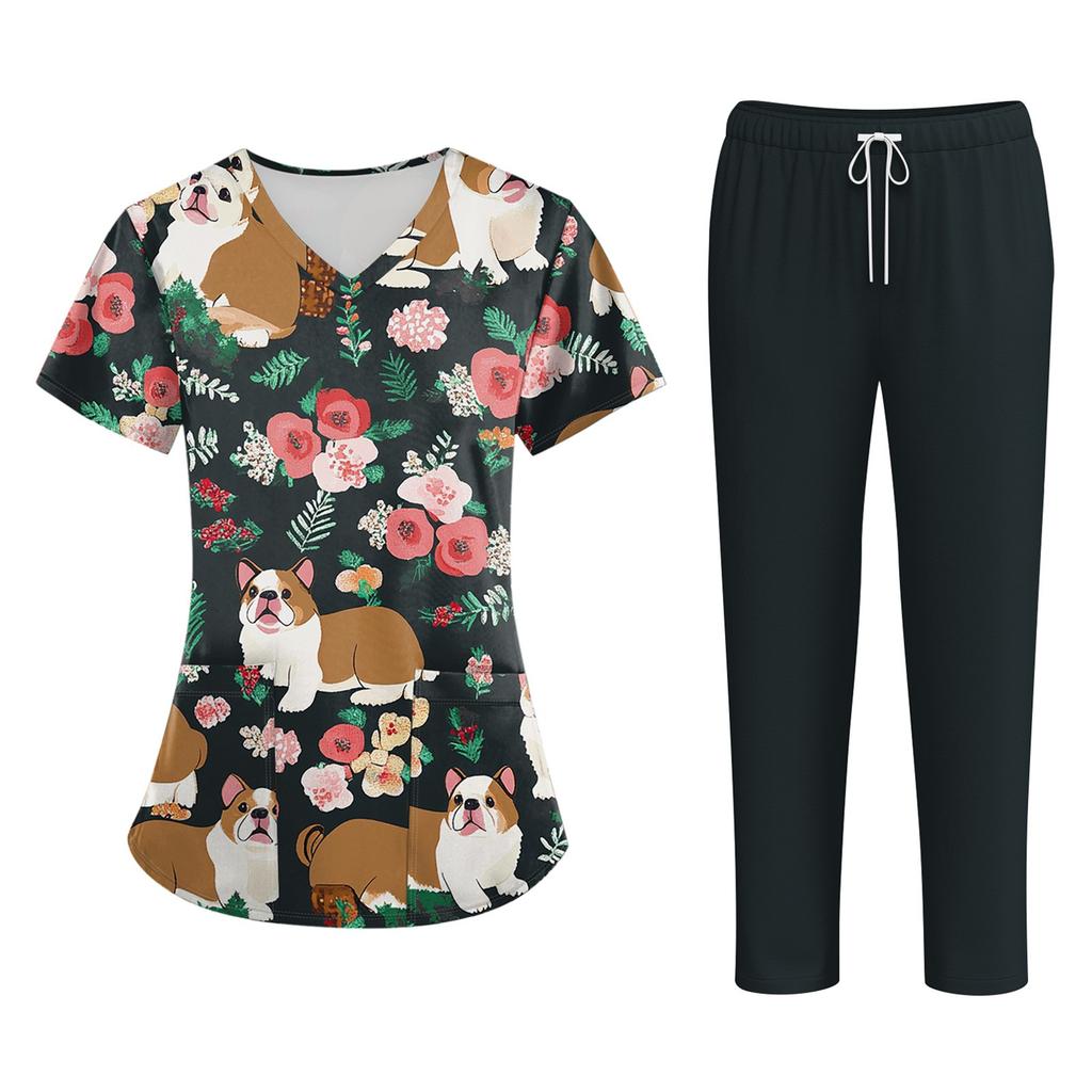 Magliette da lavoro taglie forti, uniformi da lavoro stampate per donne, scollo a V incrociato, stampa di Halloween, maniche corte, divertenti, t-shirt da lavoro con tasche