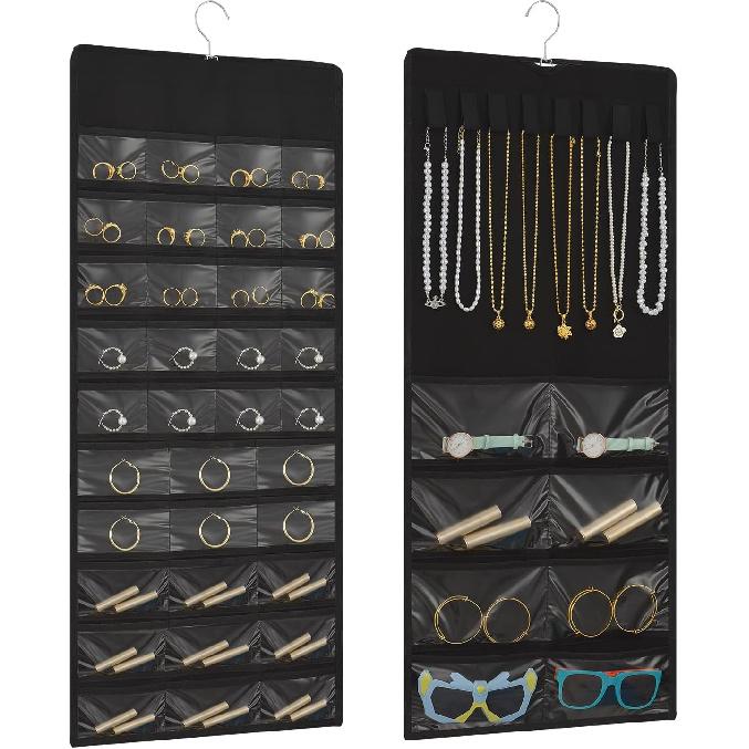 Hanging Jewelry Organizer with Multi-size pockets Double-Sided Jewelry Holder for Earrings, Necklaces, Rings on Closet, Wall, Door,Jewelry Organizer