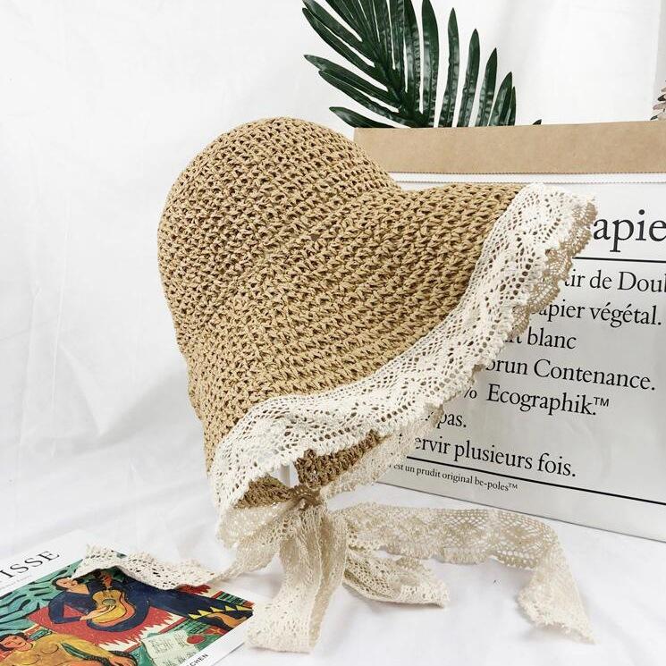 Internet Celebrity Straw Hat Female Summer Lace Strap Beach Hat Small Fresh Seaside Vacation Sun Visor Hat Strap