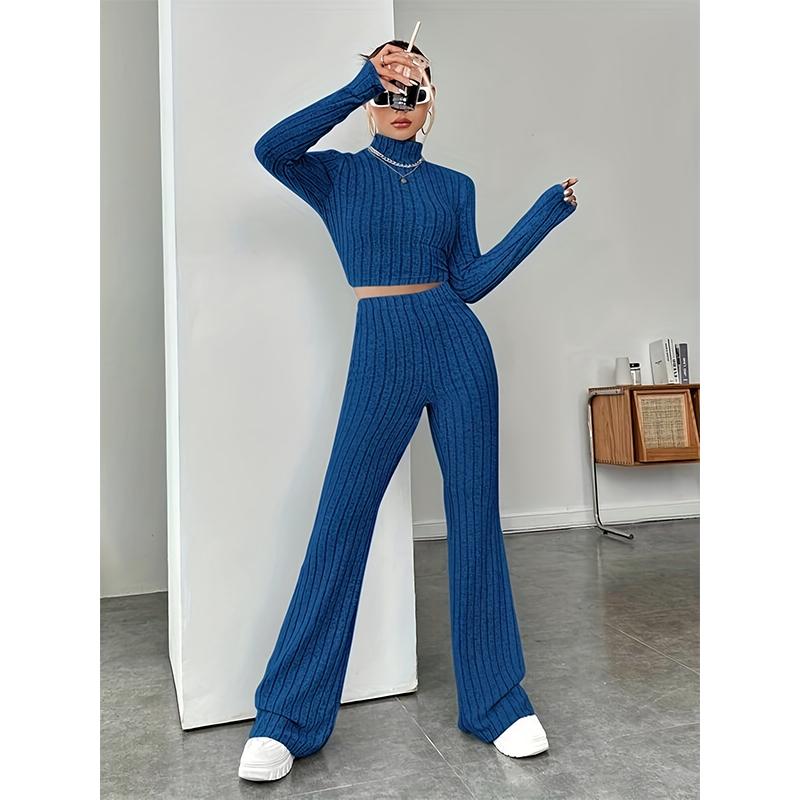 

Stand Collar Navel T-shirt and Trumpet pants 2026 Spring New Knitted Long-sleeved Suit Loose Trousers Two-piece Set S синий
