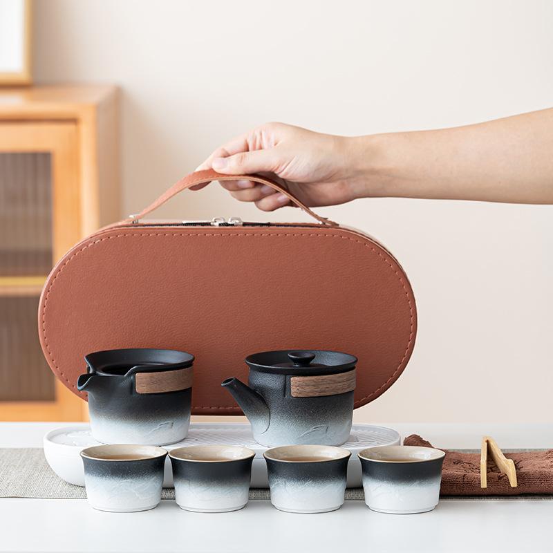 Das ganze Set hochwertiges Reise-Teeservice grobe Keramik Holz und alte allmähliche Veränderung Outdoor-Camping-Set tragbare Geschäftsreise Auto Kung Fu Geschenk