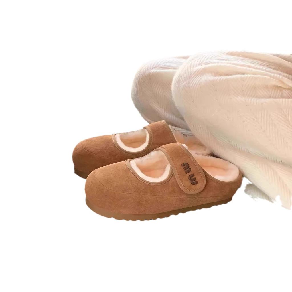 Grape Mother of the Same Style, Cute Velcro Warm Half Drag Ugly Cute Wool Mary Jane Mao Mao Single Shoes Autumn and Winter