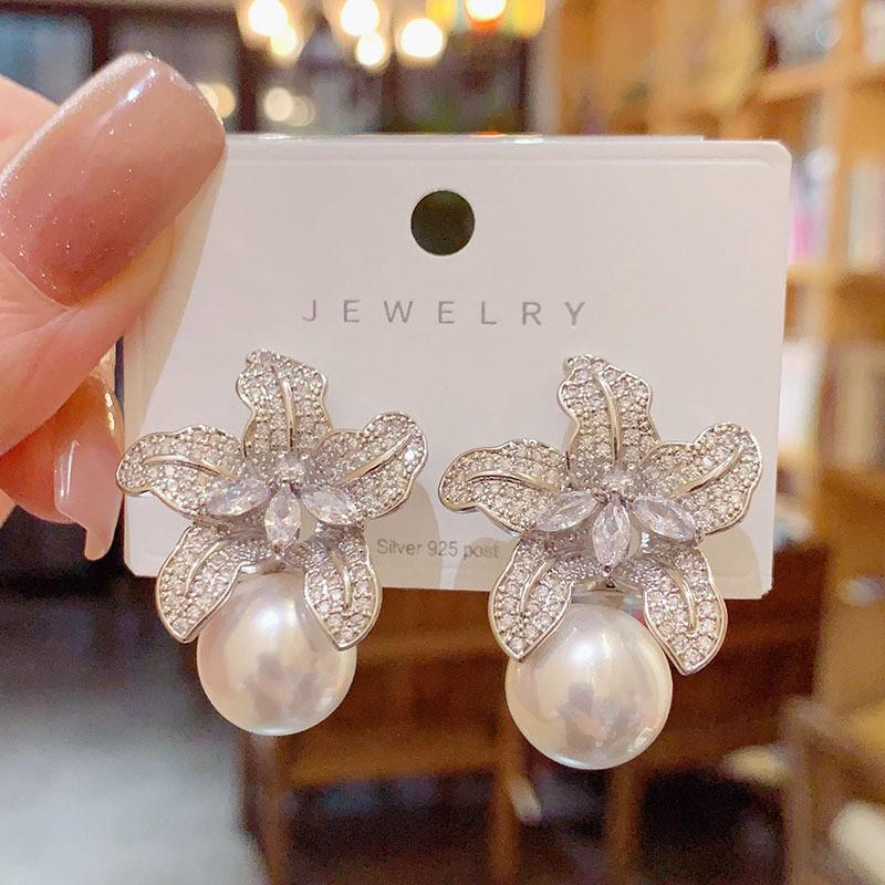 French Floral Pearl Dangle Earrings - Luxurious, Unique Design with Full Diamonds for Women
