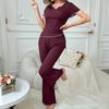 2Pcs Summer Women Pajama Set Slim Fit Solid Color Short Sleeves V Neck Top Elastic Waist Long Pants Trousers Casual Sleepwear Loungewear