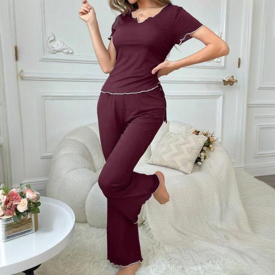 2Pcs Summer Women Pajama Set Slim Fit Solid Color Short Sleeves V Neck Top Elastic Waist Long Pants Trousers Casual Sleepwear Loungewear