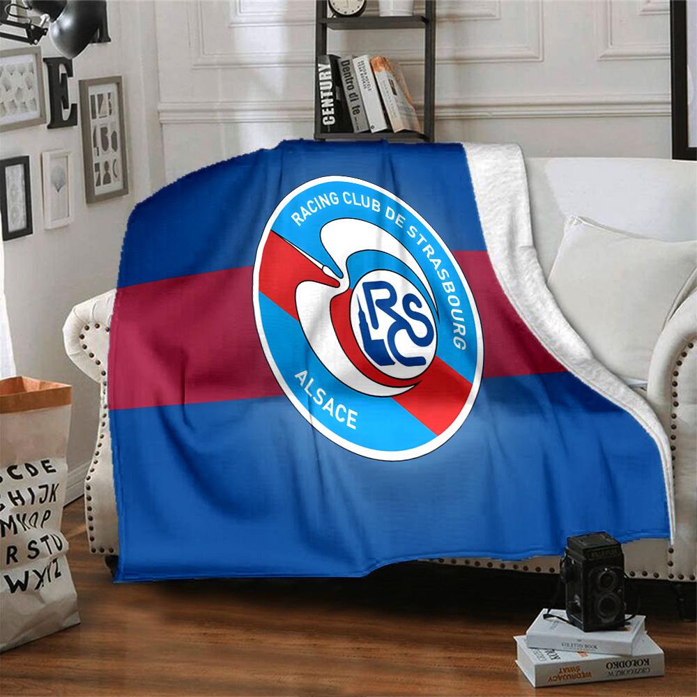 Racing Club Strasbourg Crest Flannel Blanket, Soft Polyester, Modern Design, All-Season for Camping, Travel, Gifts for Holidays or Birthdays