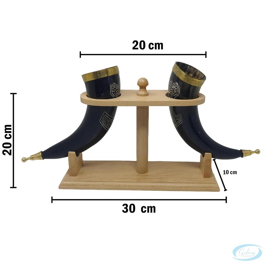 Wikinger Trinkbecher Handgefertigt Natur Ochsenhorn Becher für Ale, Bier, Met, Wein | 12 Zoll | 100% Auslaufsicher | mit Schönem Holzständer (2er Set)
