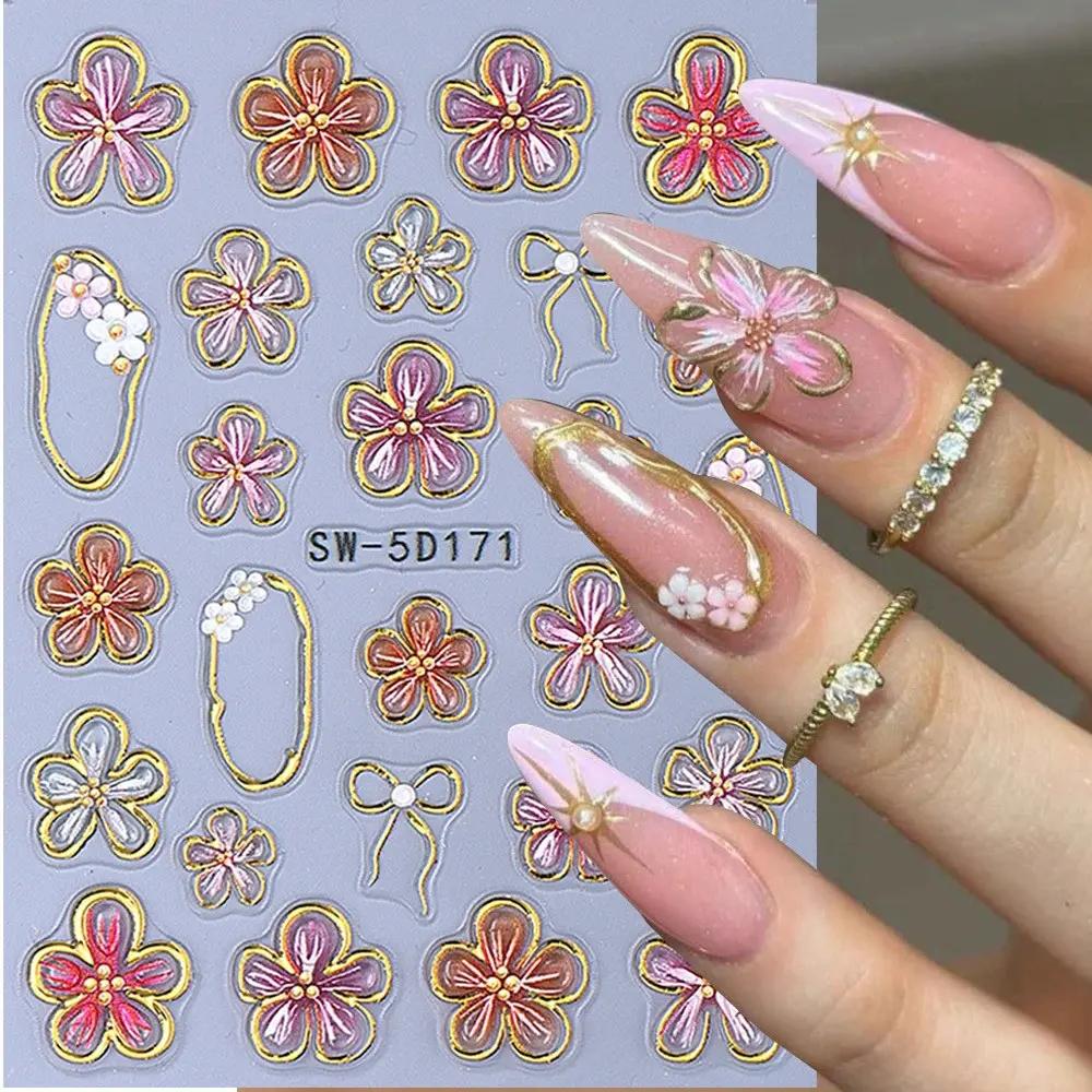 2Pcs 3D Gold Leaf Floral Nail Art Stickers, Adhesive Decorative Nail Decals for Elegant Manicure