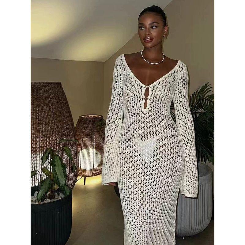 Summer New Beach Skirt Women Solid Sexy Knitted Hollow Beach Bikinis Swimsuit Outerwear Cover Up Sun-Protective Clothing