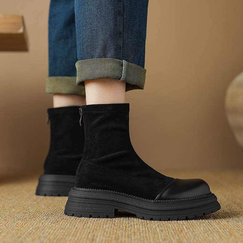 Krazing Pot Microfiber Flock Autumn Winter Shoes Thick Med Heels Size 43 Modern Boots Stretch Ankle Boots