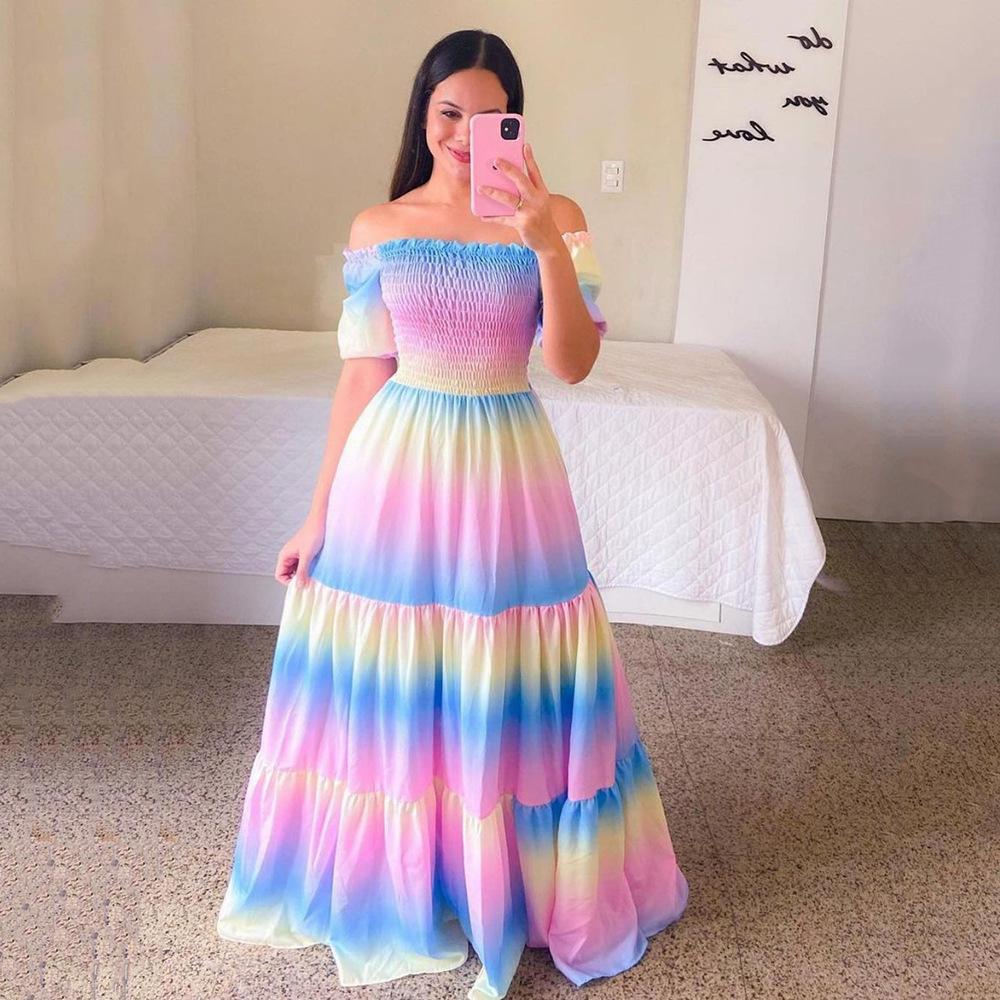 Women's Dress One-word Shoulder Floral Off-the-shoulder Long Printed Fairy Skirt