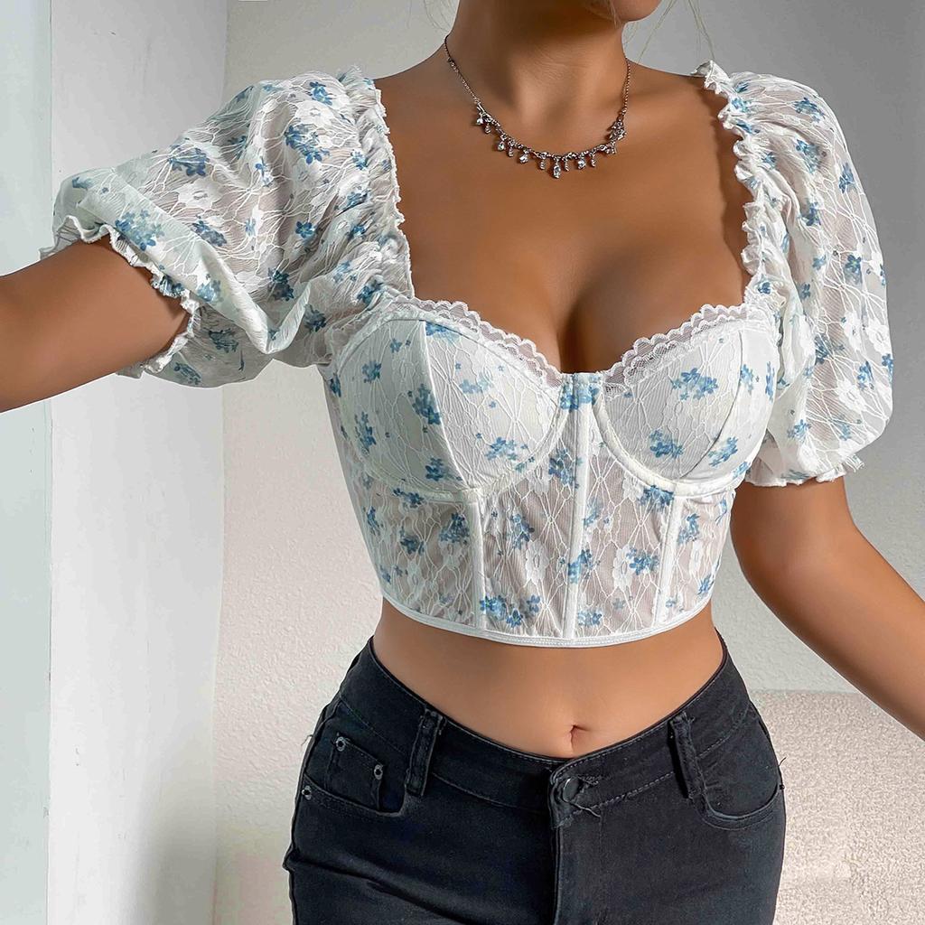 Women's Summer Short Sleeved Top With Lace Patchwork Fishbone Vest And Short Sleeves