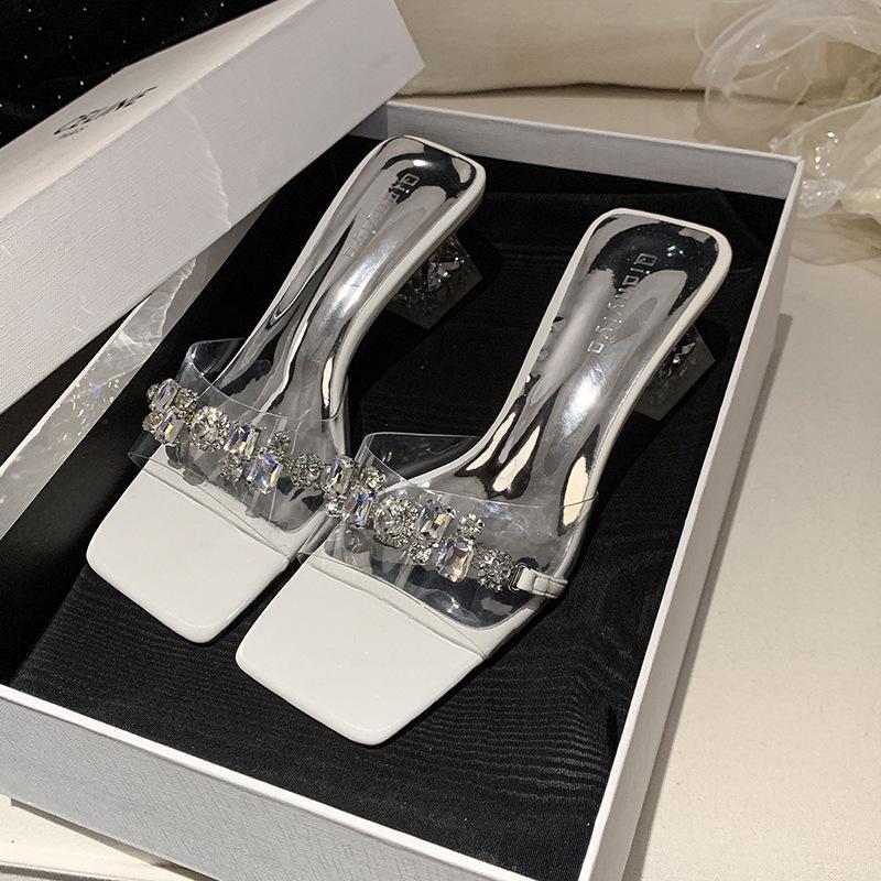 2025 summer new crystal transparent one-word drag rhinestone cool slippers women wear thick heels fashion high heels women