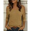 Womens Solid Color Round Neck Cold Shoulder Tie Detail 3/4 Sleeve Slim Fit T Shirt