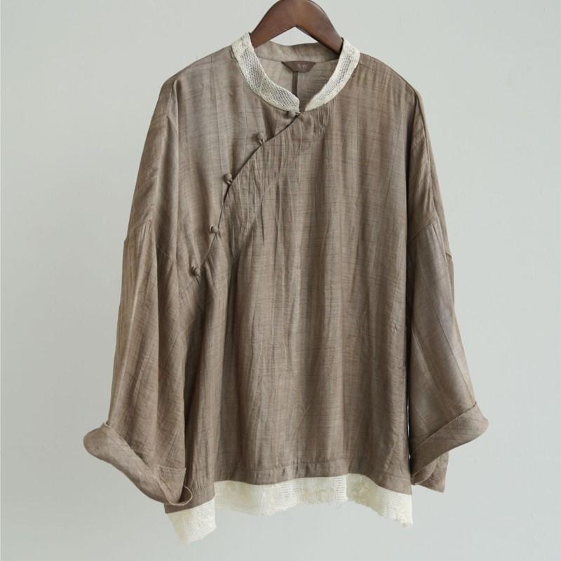 Johnature Women Vintage Shirts Tops Stand Long Sleeve Patchwork Color Blouses Spring Loose Shirts