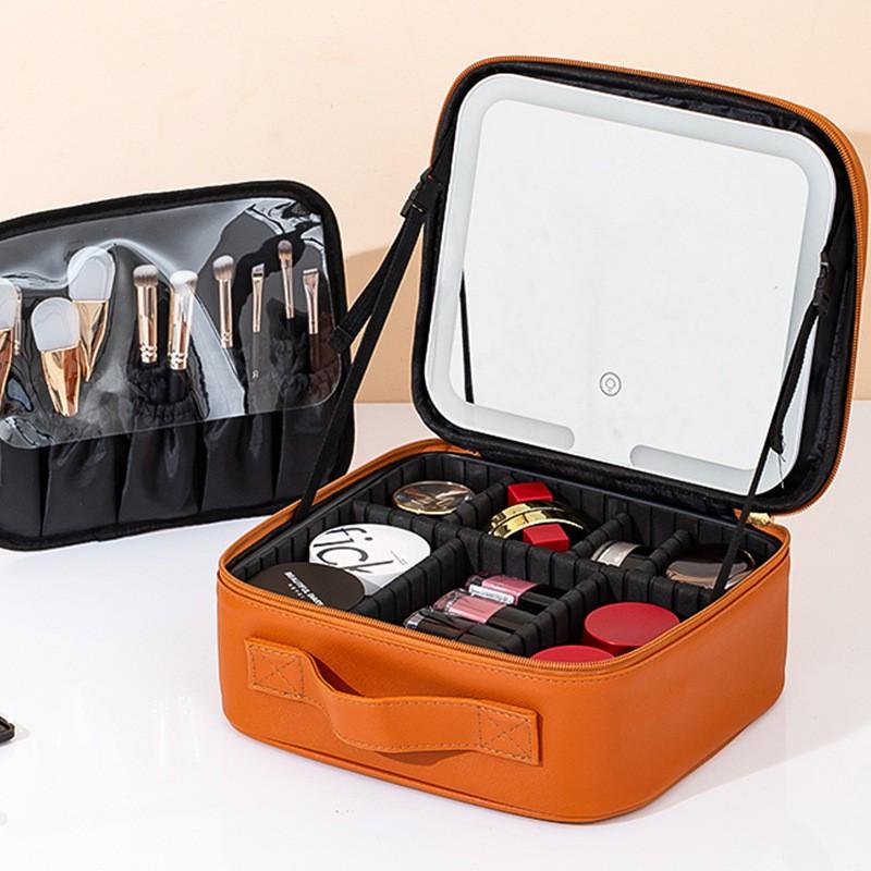 Large Capacity Travel Makeup Bag With LED Lighted Mirror Women PU Cosmetic Organizer Multi-Compartment Storage
