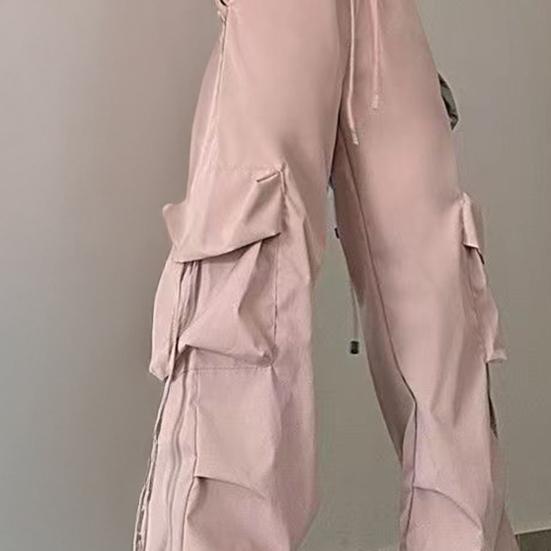 Women Pants Elastic Waist Adjustable Drawstring Wide Leg Casual Trousers Multi Pockets Design Cargo Pants
