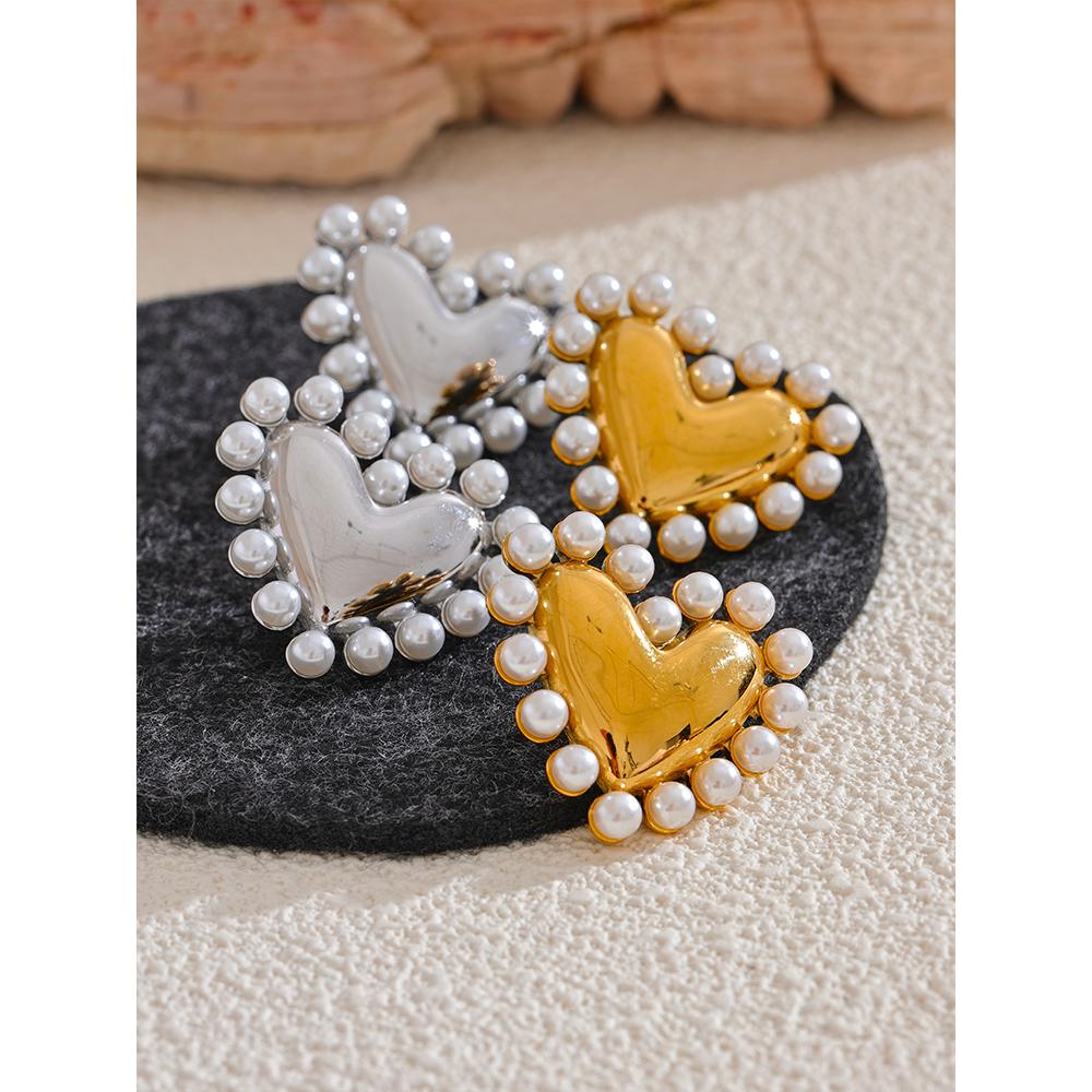 Yhpup Heart Imitation Pearls Stainless Steel Fashion Lover Stud Earrings Prevent Allergy Metal Exquisite Waterproof Jewelry Gift