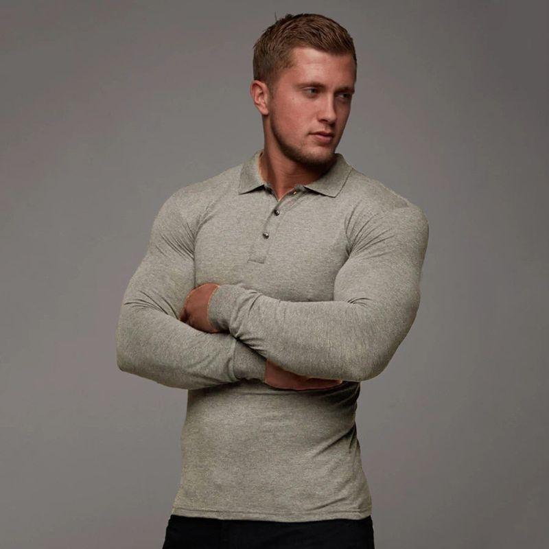 European and American-Style Men s Long-Sleeved Tights Sports Polo Shirts Gray XXXL
