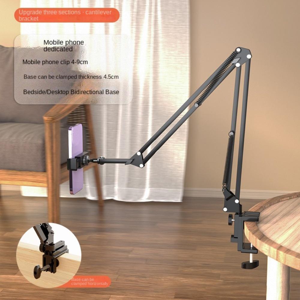 360° Rotating Mobile Phone Holder Clip On Design Cantilever Support Photography Arm Stand Adjustable Height Rotating Mechanism
