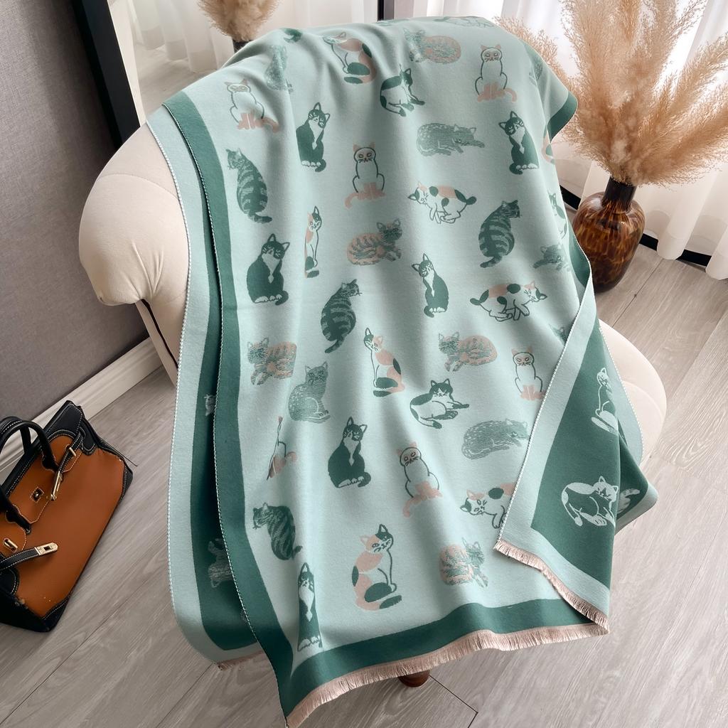 Latest Animal Jacquard Kitty Scarf Imitation Cashmere Soft Warm Fringe Shawl Autumn Winter Coldproof Windproof Blanket Scarf