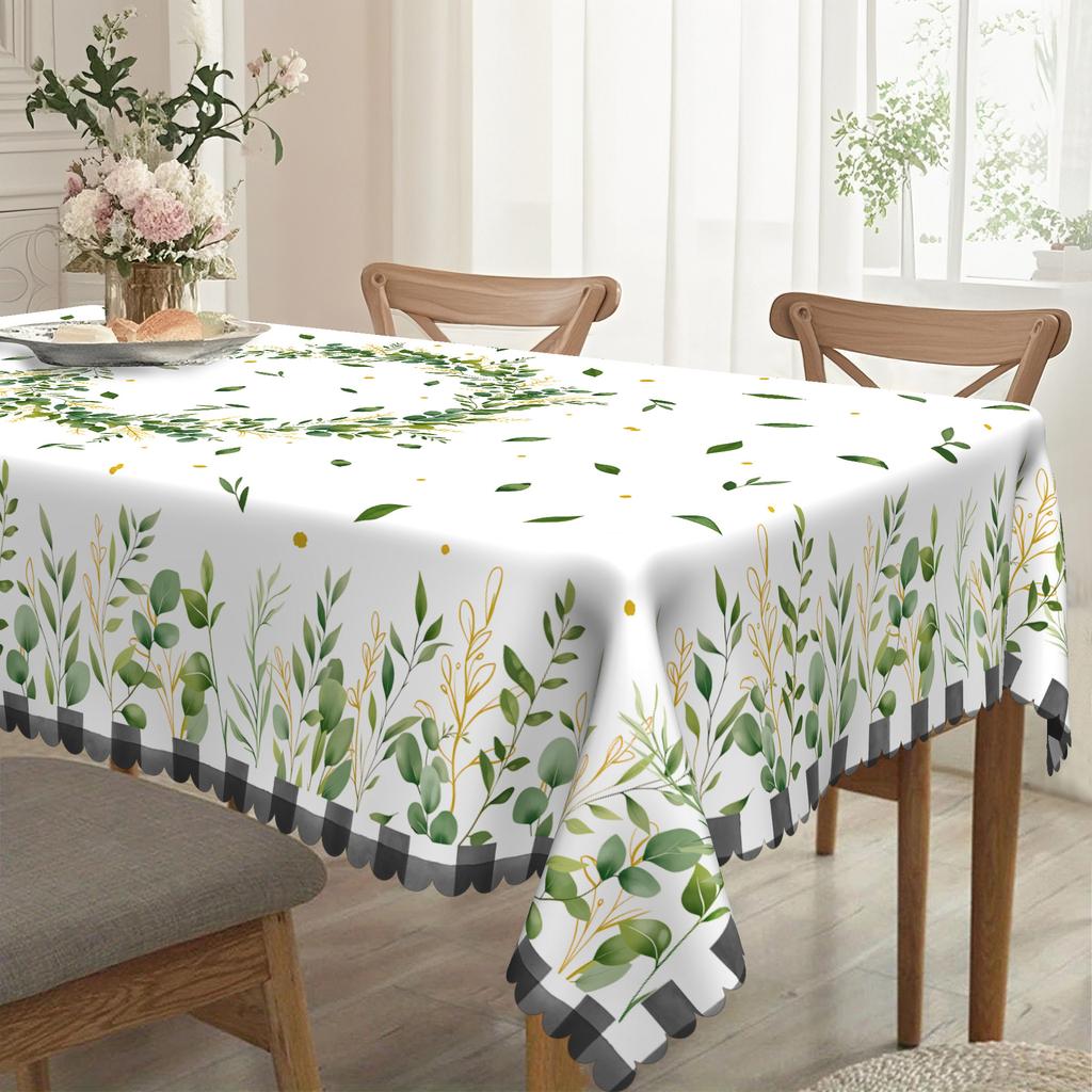 Pastoral Green Plant Round Table Cloth, Green Leaf Vine And Gold Embellishment Print, Fresh And Natural Table Decorative Cloth