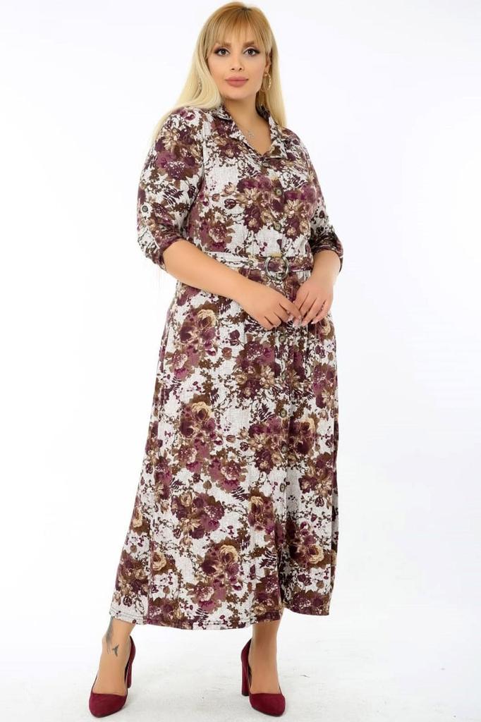 Women's Big Size Dress Long Sleeve Belted Floral Patterned Slit Shirt Dress