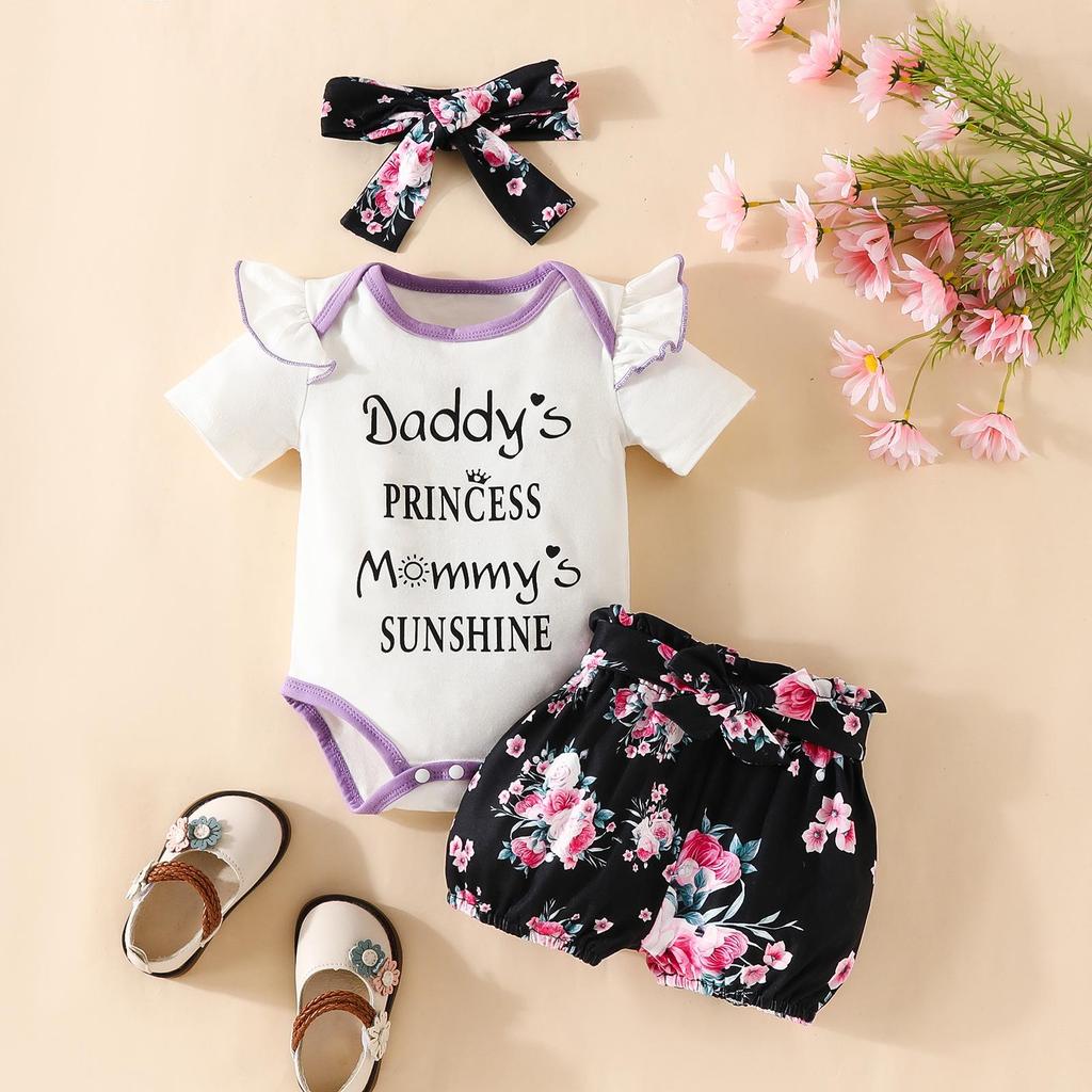Baby Girl Summer Romper & Shorts Set - "Letter" Top with Belted Flower Pants