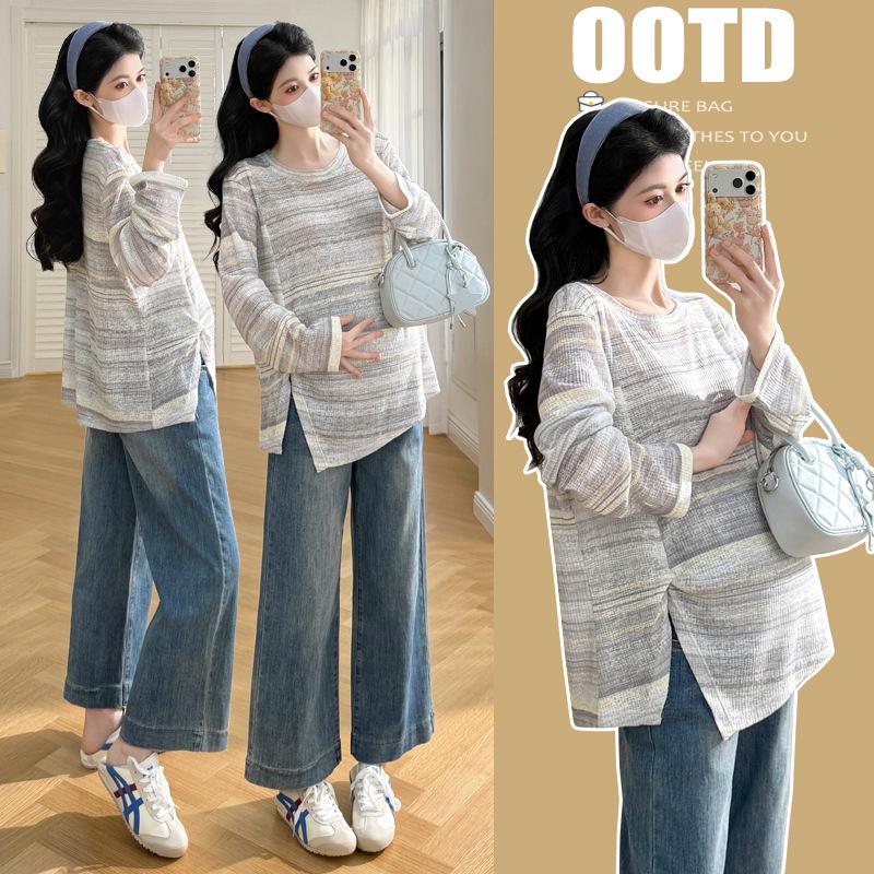 Spring 2026 Korean Style Striped Casual Maternity T-Shirt L