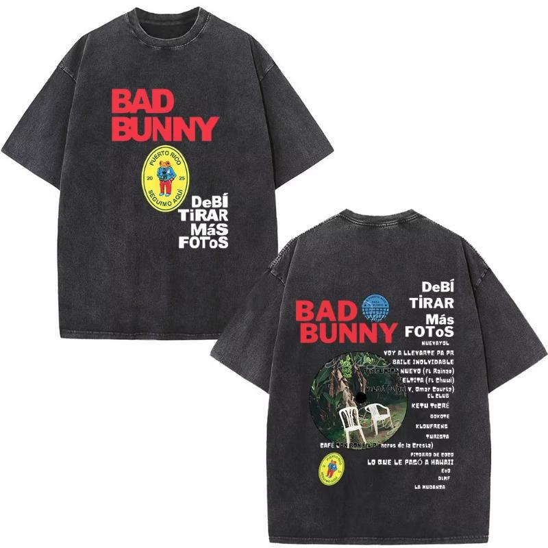 Rapper Bad Bunny Album Cover Washed Vintage T-shirt Debi Tirar Mas Fotos DTMF T Shirts Men Fashion Hip Hop Short Sleeve T-shirts