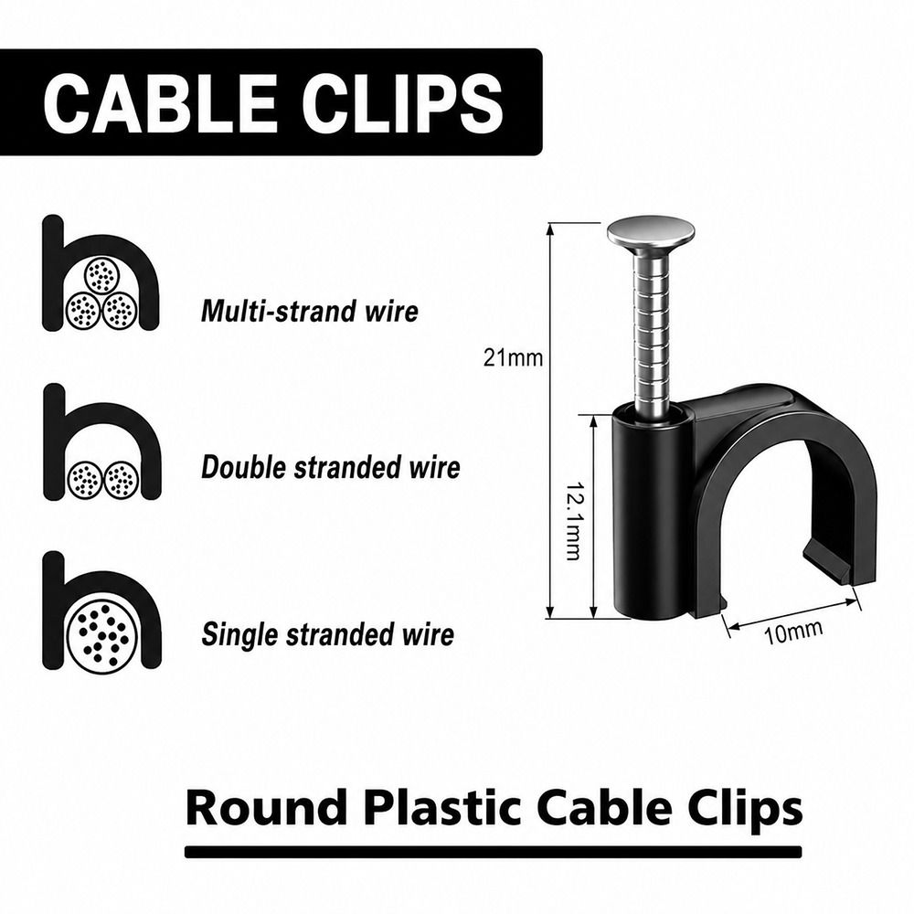 100Pcs/Set 4-16mm Round Cable Wire Clips Black Steel Nails Nail In Cable Clips Plastic Metal Wall Mountable Coaxial Cable Clamp